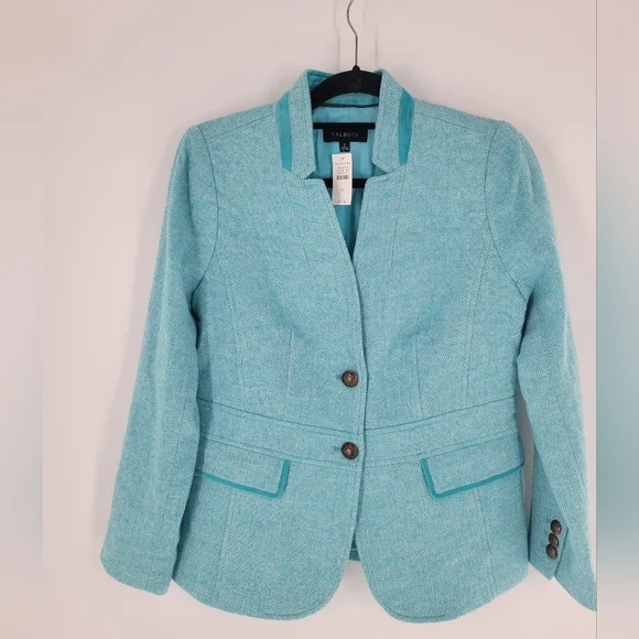 Turquoise Bicolor Herringbone Classic Shetland Blazer Size 6 New - Picture 3 of 7